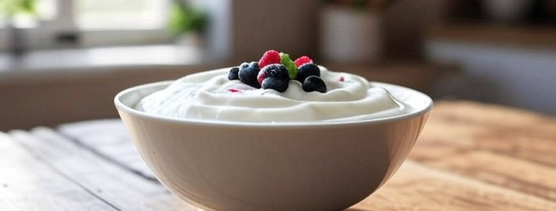 A bowl of Greek yogurt with berries and honey